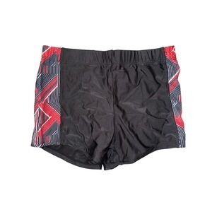 Comfneat Mens Polyester Spandex Swim Trunks Black Red Geometric Print Size L new